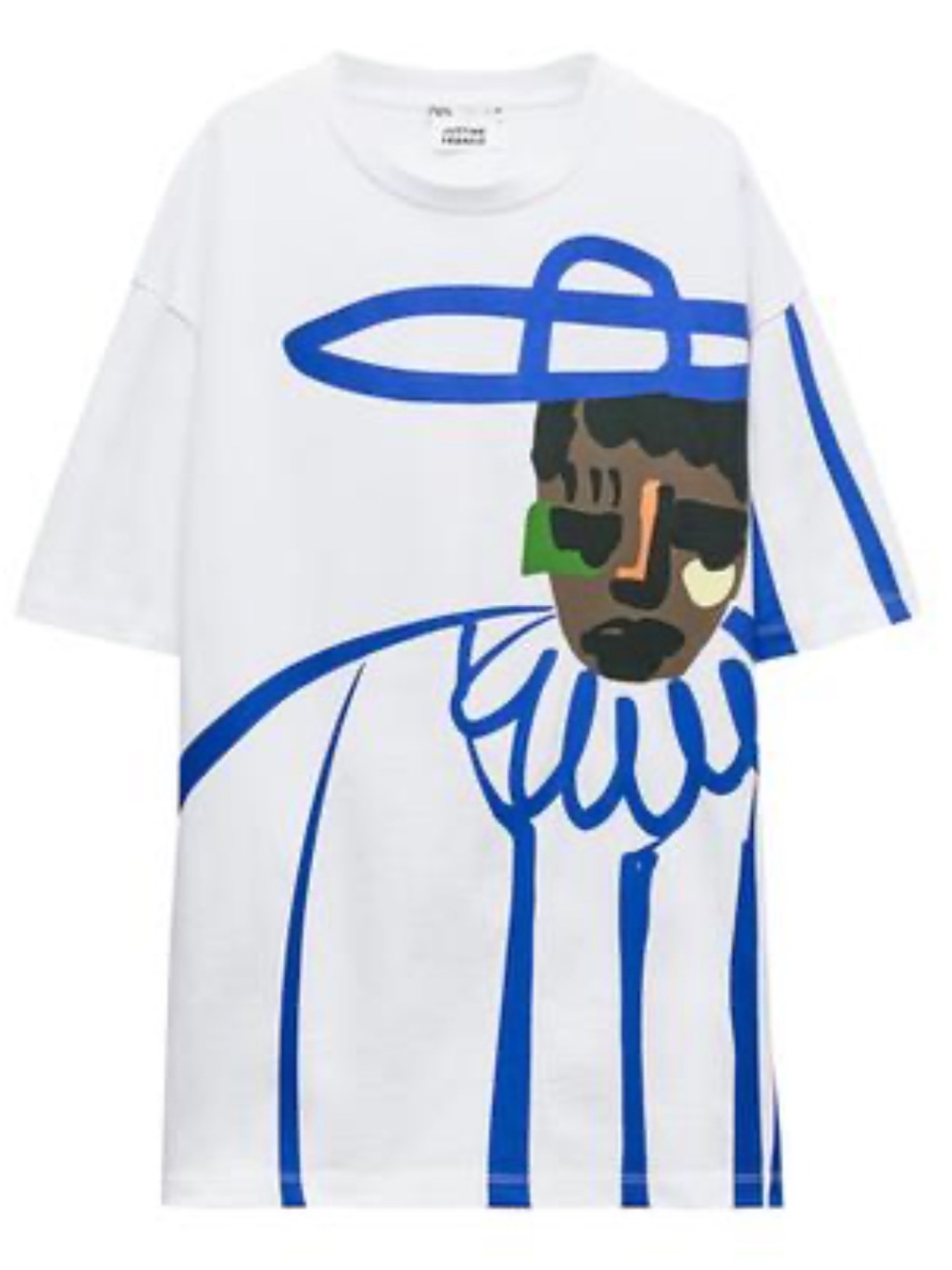 Zara x Justine Franco Graphic Print T-Shirt White & Blue Size Large